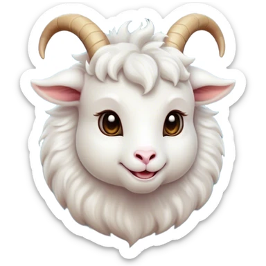 Cinematic Cute White Goat Portrait Emoji, Head tilted playfully and inquisitively, featuring a fluffy, immaculate white fur with charming curved horns, round, sparkling eyes filled with gentle curiosity, Simplified yet irresistibly adorable features, highly detailed, glowing with a warm, friendly glow, high shine, affectionate and lively, stylized with a touch of whimsical charm, bright and endearing, soft glowing outline, capturing the essence of a mischievous yet loving goat, so playful it feels like it could trot out of the screen and into your arms! sticker