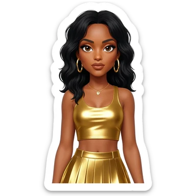 Kelly Rowland with black hair, gold metallic crop top, gold metallic skirt, gold earrings sticker