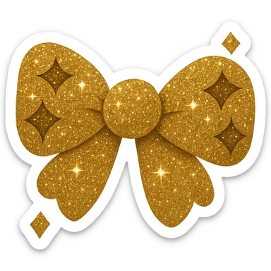 Make the glittery bow gold glitter, keep it sparkling and decorative with no background. The style should emphasize gold glitter texture and sparkling details, elegant and festive. sticker