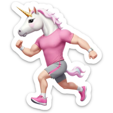 friendly anthropomorphised male white unicorn with a fit, chunky, muscular and strong physique, arms and legs matching the white of the head, in grey shorts and pink t-shirt, wearing dark sunglasses, jogging upright in a standard pose sticker