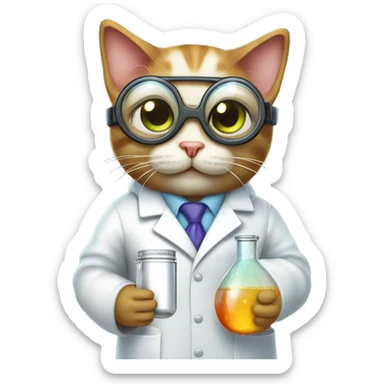 Cat wearing chemistry lab coat goggles and has flask with chemicals. show whole body sticker