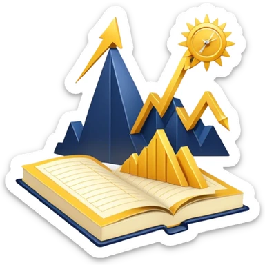 A yellow productivity book with navy blue and gold details, and chart with upward trend aura, radiating productivity, strategy, and success in motion with time and happiness yellow... power in time aura of happiness sticker