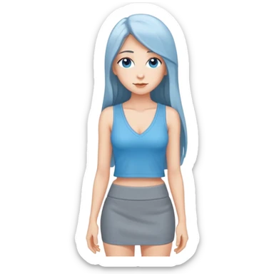 hyperrealistic caucasian, deep sky blue, long straight hair, white deep v-neck crop tanktop, gray tight mini skirt sticker