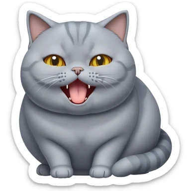 Cinematic Comical Grey British Shorthair Cat Portrait Emoji, Head tilted dramatically while yawning exaggeratedly, round and plump body with sleek soft grey fur and subtle blue undertones, Simplified yet hilariously adorable features, highly detailed, glowing with an almost sarcastic glow, high shine, a mix of lazy and disinterested, stylized with a touch of playful whimsy, bright and alert but with a hilariously bored expression, soft glowing outline, capturing the essence of a mischievous yet overly dramatic kitty, so meme-worthy it feels like it could leap off the screen and sarcastically demand attention, perfect for the internet's next viral meme! sticker