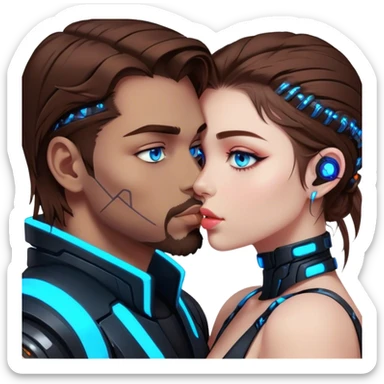 Neon cyberpunk style 
girl with brown hair and blue eyes kiss man sticker