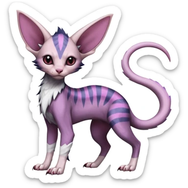 Furry, scaly, Purple, white, black, Minccino-Sphynx-Lykoi-Linoone-Zangoose-fusion-hybrid-animal-Fakémon-creature, full body, thin long sleek scaly tail, intricate markings sticker