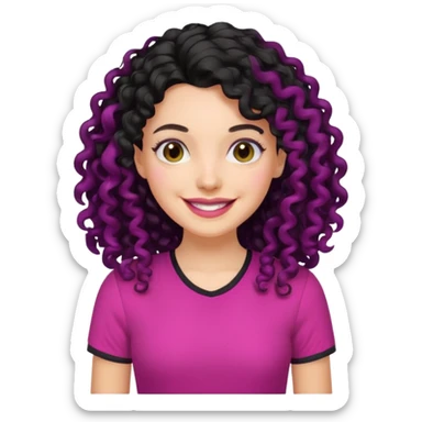 mujer blanca con cabello largo rizado negro sonriendo y con camisa fucsia sticker