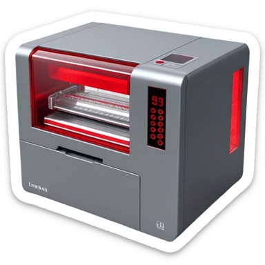 Realistic 3D render of a compact processing machine, printer-like design:
- Rectangular industrial device with clean edges
- Red transparent window/panel on the front showing mechanical movement inside
- Small metallic gray gears visible through the window
- Red LED status lights on the top panel
- Subtle ventilation grids on the sides
- Minimal metallic gray housing
- Small red glowing details between panels
- Technical/industrial finish with slight reflection
- Modern, clean aesthetic like a high-tech printer
- Subtle red glow emission from internal mechanisms
--ar 1:1
--style raw
--v 5.2
--no text
--q 2
--c 20 sticker