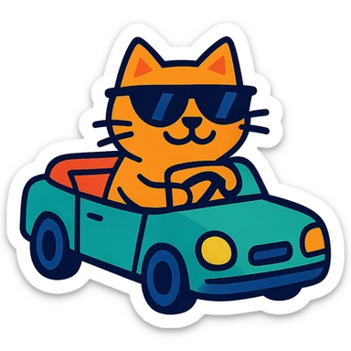 chat avec des lunettes de soleil dans une voiture décapotable, style cartoon vibrant sticker
