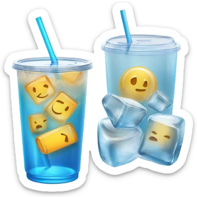 Realistic see through plastic cup and lid with half full Transluscent blue soda,straw and large ice cubes inside. sticker