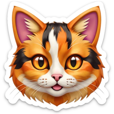 Cinematic Comical Calico Cat Portrait Emoji, Head tilted dramatically with an exaggeratedly surprised expression, showcasing a vibrant patchwork fur of orange, black, and white with wide, comically expressive eyes, simplified yet hilariously detailed, glowing with a sassy, golden radiance, high shine, exuding playful mischief and cheeky feline attitude, styled with a soft glowing outline, capturing the essence of a calico cat that looks ready to leap off the screen with mischievous flair! sticker