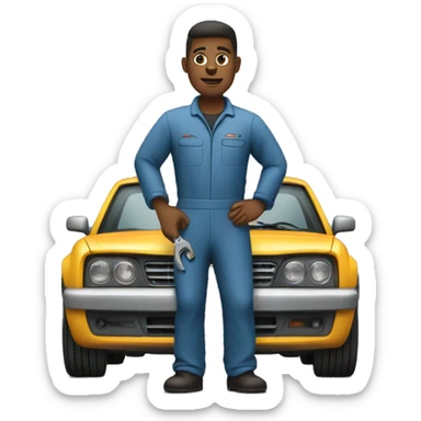 A mechanic working in a garage, wearing a jumpsuit, holding a wrench, and standing next to a car that needs repairs sticker