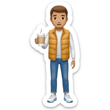 full body man with plain puffy vest with no pockets over long sleeved shirt wearing straight uncuffed blue jeans and tennis shoes holding coffee mug in his hand sticker