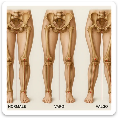 Create a hyperrealistic anatomical illustration in 4K resolution with a 1:1 proportion, showing three types of knees from a frontal view: normal knee, varus knee (bow-legged), and valgus knee (knock-kneed). Highlight the bones of the pelvis, femur, tibia, and fibula with red lines indicating the mechanical axis as in the reference image. The style should be medical and realistic with detailed anatomical features and a neutral background. sticker