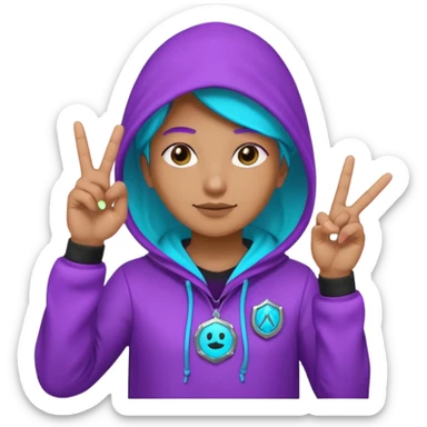 Hooded Vault Pioneer saluting with two fingers, neon purple-cyan glow, badge on chest, emoji style sticker