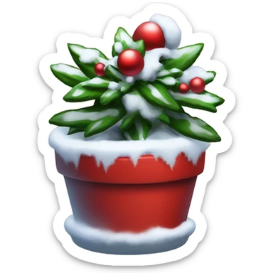 snowy winter plant decoreated with christmas ornaments in a red pot sticker