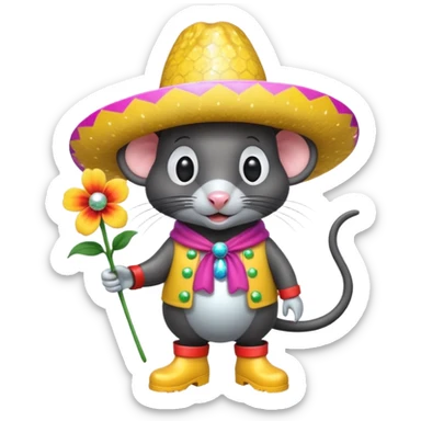 Rat eating a maruchan in one hand and a flower in the other with boots on for rain and that has one eye that looks like a disco ball as well with a Mexican hat one with a big nose and the rat has to be black  sticker