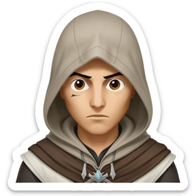 Assassin‘s Creed character. Hood covering the head and forehead. Only the nose and mouth is showing of the face. sticker