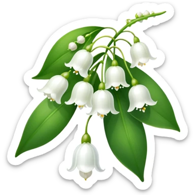 Elegant lily of the valley flower with delicate white bell-shaped blooms hanging from green stem and bright green leaves sticker