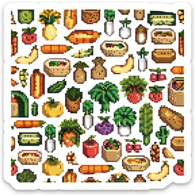 Pixel art of dietary fiber showing whole grains, vegetables, fruits and legumes connected by fiber strands, with an intestine character showing improved digestion sticker