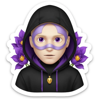 non human male cartoon character related to a shadow, with all black clothes, focusing a black hoodie, and a black versace face mask covering his entire face, just his purple shadow eyes making a light bloom sticker