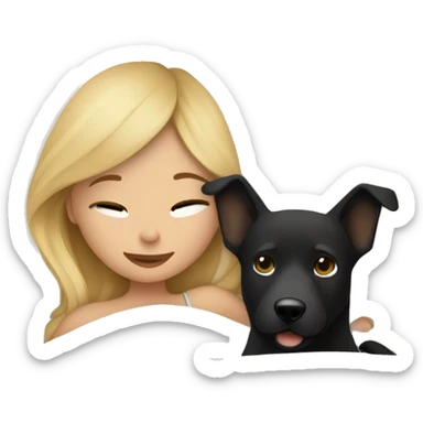 blond girl cuddling in bed with a black/ tan colored dog and cozy blankets sticker