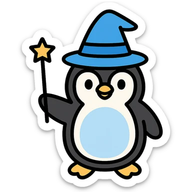 penguin wizard icon with a wand and hat in color outline style sticker