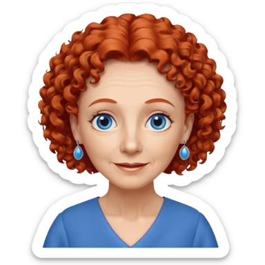 una profesora mayor simpática con el pelo rojo rizado, ojos azules, vestido azul y pendientes azules hablando sticker