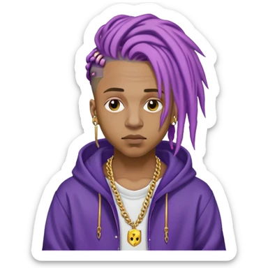 Juice WRLD with purple dreadlocks, 999 tattoo, gold chain, and hoodie sticker