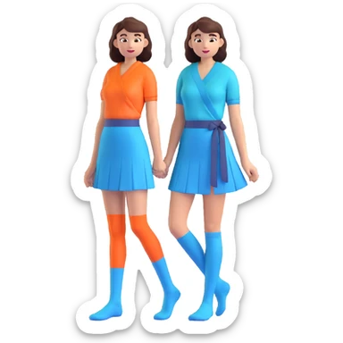 woman wearing teal wrap shirt, blue a-line skirt, light blue knee-high socks sticker