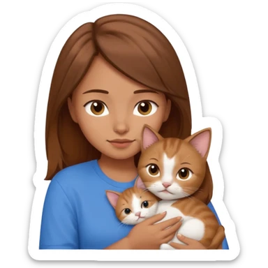Create an emoji that has a girl wearing a blue shirt and brown hair snuggling a kitten. sticker
