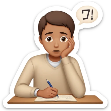 Person with worried expression writing "Dear God" on essay sticker