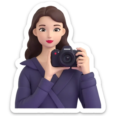 Professional European fashion model during photoshoot, posing while taking photo with camera sticker