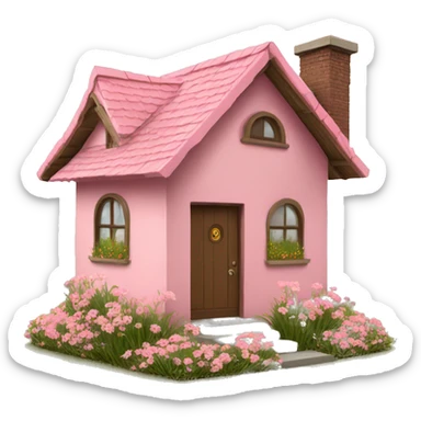 Emoji house with grass and flowers painted pink and a light brown roof sticker