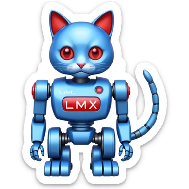 generate robot cat, glossy, realstic, red and blue color, add text on chest "LMX" sticker