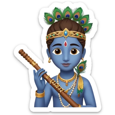 Lord Sri Krishna carrying only one peacock feather on his head with cute face and play flute sticker