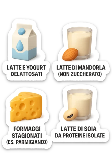 emoji stile iphone 3d di questi elementi che fluttuano in aria:

Latte e yogurt delattosati
Latte di mandorla (non zuccherato)
Latte di soia da proteine isolate
Formaggi stagionati (es. parmigiano)
Tofu compatto e tempeh
 che fluttuano in aria,  le etichette scrivile in italiano, iperealistico 4k sticker
