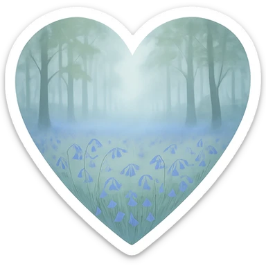 heart with a misty morning bluebell wood, clean digital illustration sticker