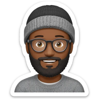 A dark-skinned man with a gray knit beanie, black glasses, a full beard, and a friendly smile. sticker