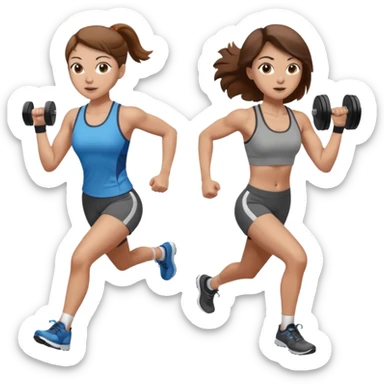 two women. only one is running. the other is only lifting weights. brown hair, light skin, hazel eyes. sticker