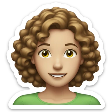 pale young woman with neck length brown curly hair, green eyes, and freckles smiling sticker