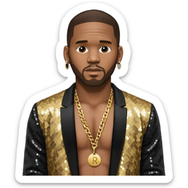 R. Kelly with dark brown hair, black sequin jacket, shirtless with necklace sticker