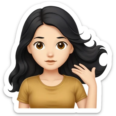 Fair skin girl - long black hair, big waves - wearing a golden brown belly-baring short-sleeved shirt sticker