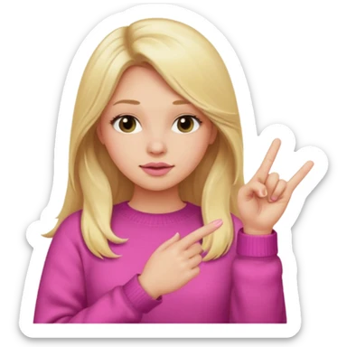 blonde girl with long hair and plump lips shows fingers rock dressed in a pink sweater sticker