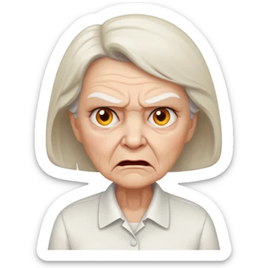 a portrait of angry elderly woman, wearing shirt sticker