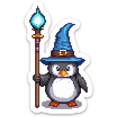 penguin wizard with a pointy hat and magic staff sticker