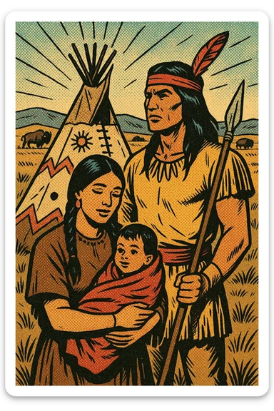 A native American family including a mother and young child, with a father who is a warrior. They are standing near a tepee decorated in native american symbols, there are buffalo in the distance. They are on the dry grasslands of the great plains in the 1840s sticker