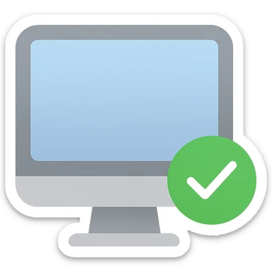flat color icon of a computer with a green check mark at the bottom right sticker