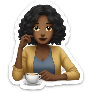 aesthetic girl with black wavy hair sipping coffee in a cute coffee shop  sticker