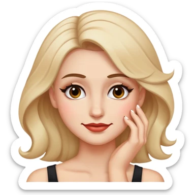 smirking face looking down with makeup and one hand in hair sticker